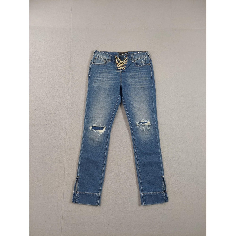 SER.O.YA Cyprus Jeans Womens 24 Blue Lace Up Distressed Skinny Mid Rise Denim